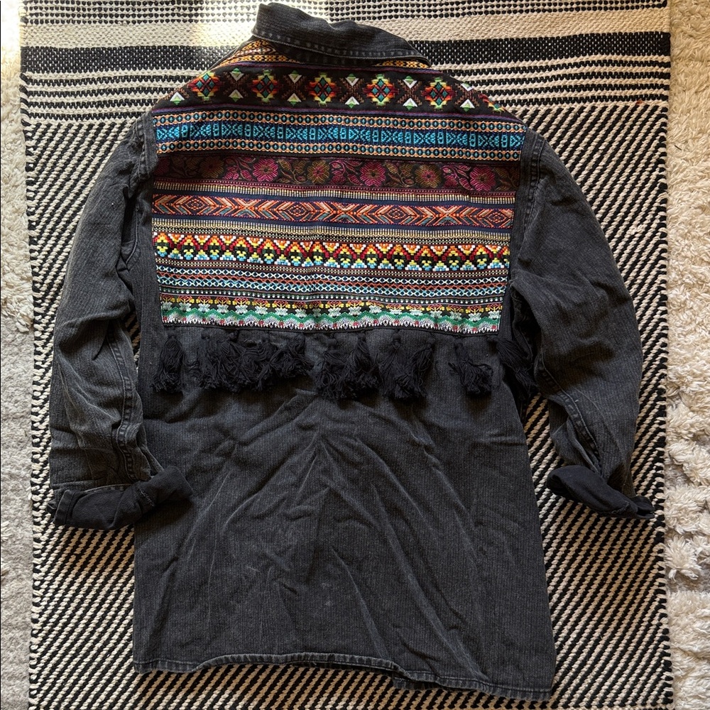 Vintage Havana Black Denim Jacket with Colorful Embroidered Back